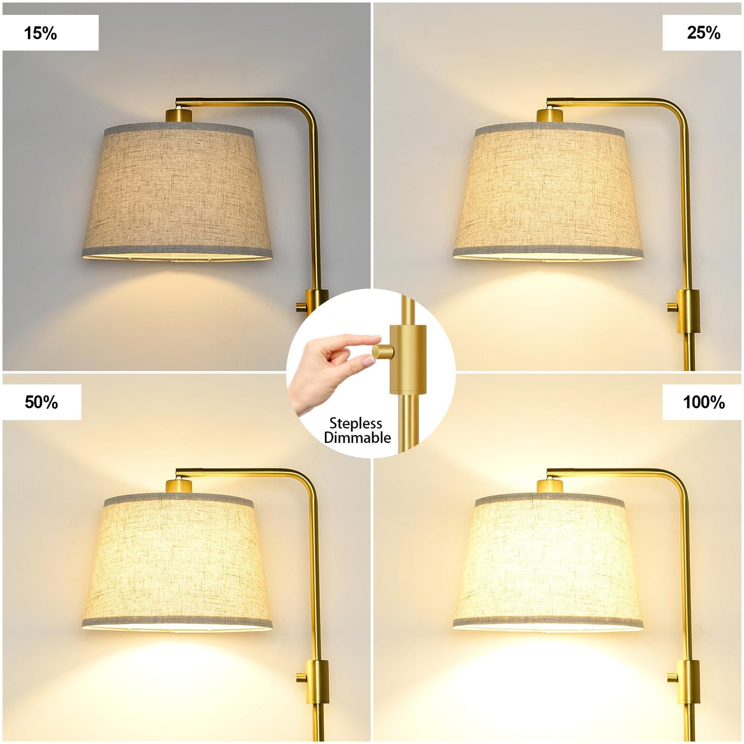 Nintiue Dimmable Arc Floor Lamp with 1000 LM LED Edison Bulb, Gold-Linen Shade, Marble Base, Model FL16886