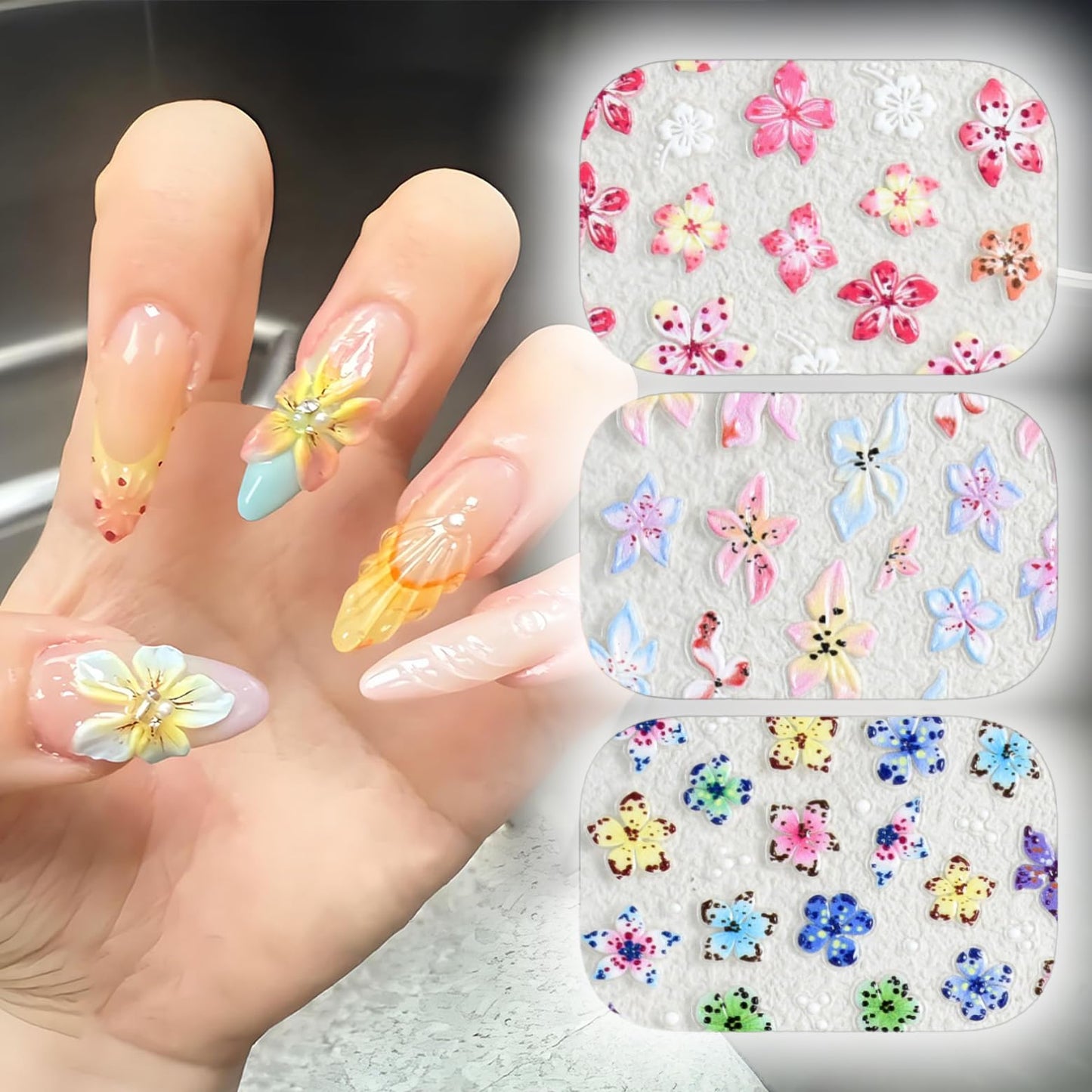 Hawaii Flower Nail Stickers 6 Sheets 5D Embossed Floral Nail Decals Pink Blue Hibiscus Nail Art Stickers for Women DIY Manicure
