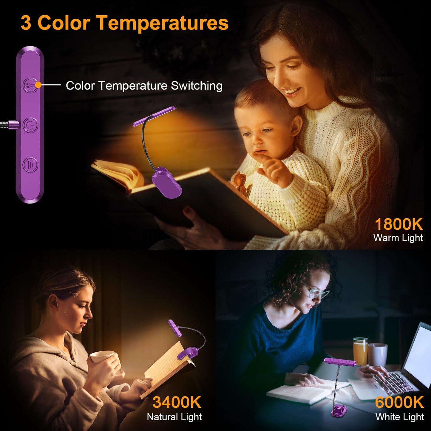 Gritin Rechargeable Book Light 19 LED, 3 Color Temperatures, 5 Brightness Levels, Flexible Goose Neck, Dark Purple, Model G1321