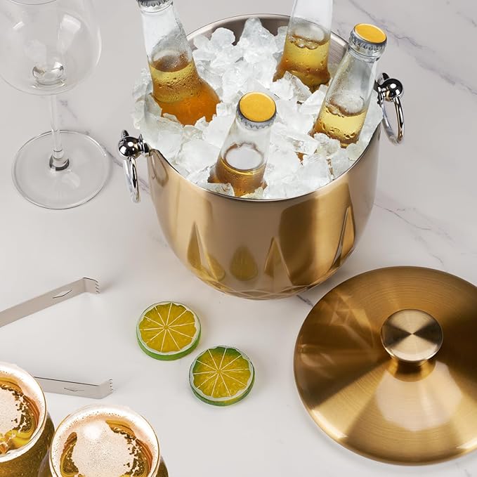 Ice Bucket with Lid, 3L Double Wall Stainless Steel Ice Bucket Keeps Frozen Longer, Insulated Ice Bucket with Tong and Strainer, Perfect for Parties, Cocktail bar, Wine, Champagne, Gold