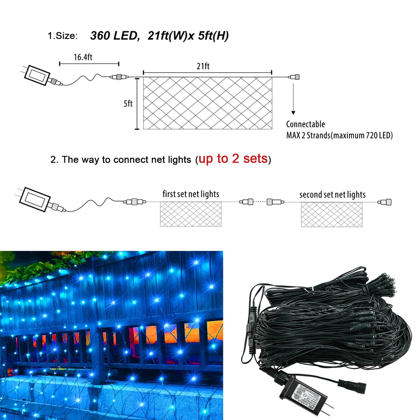 360Led Net Lights  21Ft X 5Ft Connectable Christmas Mesh Lights With Timer & 8 Lighting Modes  Waterproof Outdoor Bush String Light For Halloween Xmas Tree Holiday Party Garden Hedge Patio - Blue