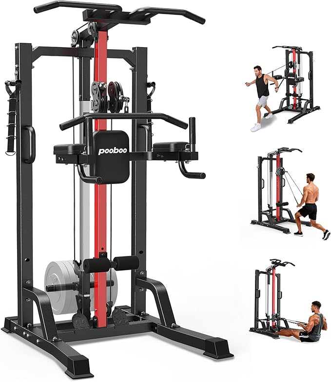 Pull Up Bar Power Tower Dip Station,Cable Machine-Integrated 450LBS Multi-Function Adjustable Height Fitness Strength Trai...