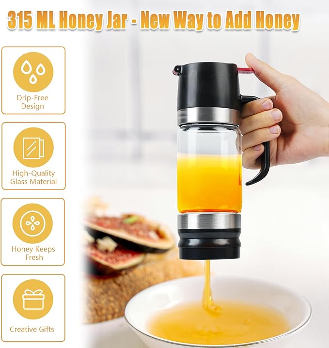 Honey Dispenser No Drip with Base 2025 Upgrade, 12OZ Glass Honey Jar pot with Handle, Syrup Dispenser for Coffee or Tea, Mess Free Honey Dispenser for Honey and Syrup, Honey Container