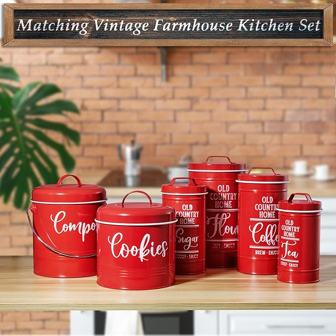 Farmhouse Cookie Jar for Kitchen Counter, 1 Gallon Vintage Cookie Jar with Airtight Lid, Large Food Storage Container for Candy, Cookies, Dessert, Red Kitchen Decor and Accessories
