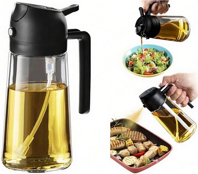 2 in 1 Oil Sprayer for Cooking, Oil Dispenser for Kitchen Gadgets, 16oz/470ml Premium Food-Grade Oil Bottle, for Salad, Air Fryer, BBQ (Transparent)