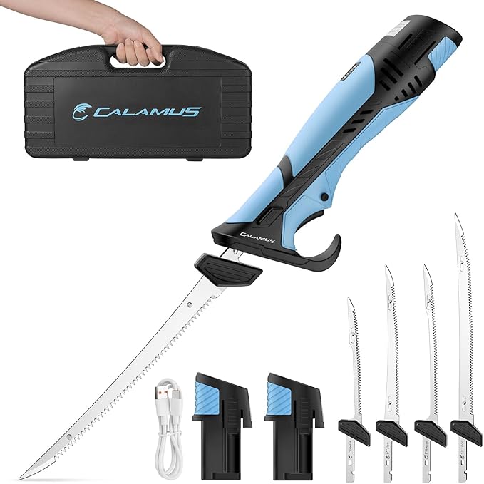 Calamus BladeVolt Rechargeable Cordless Electric Fillet Knife, 27,000 RPM High Torque Motor, 2 Type-C Long-lasting Batteries, 4 Razor-sharp Blades, Fishing Gear for Filleting Fish, Fishing Gifts for Men