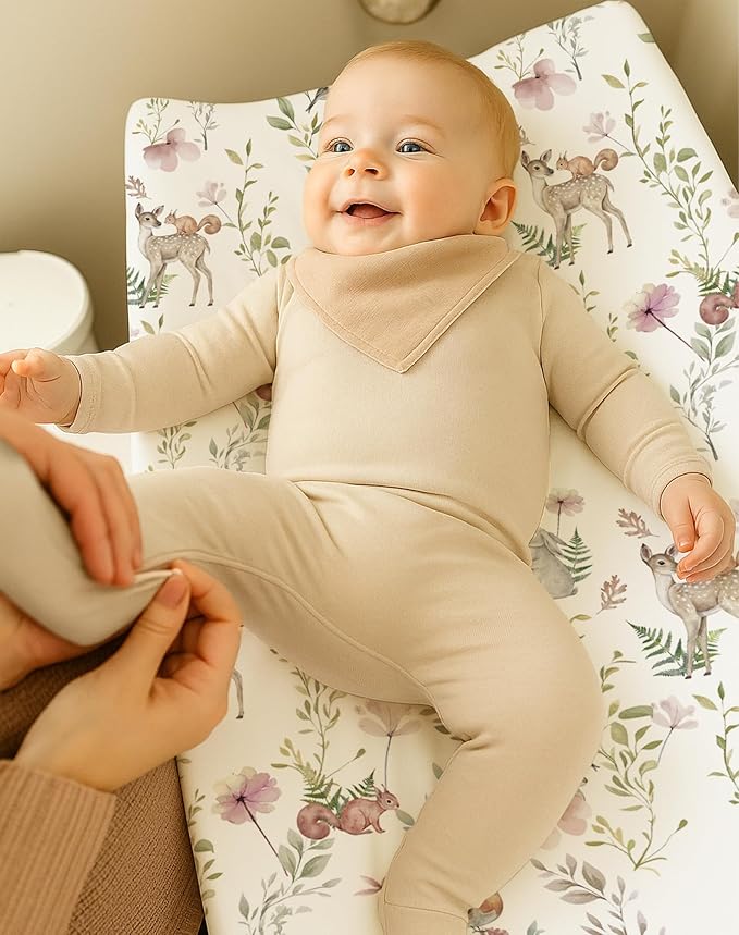 Changing Pad Cover for Baby Boys Girls 2 Pack, Fits Standard 32”×16” Changing Table Pads, Silky Breathable Stretch Knit, Machine Washable (Floral Fawn)