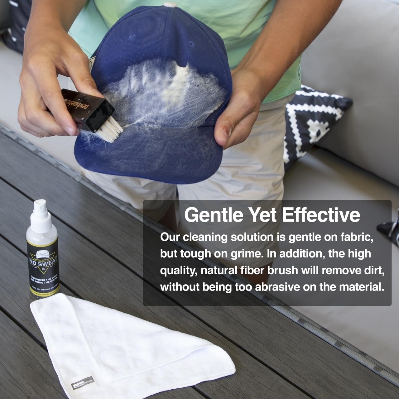 No Sweat Premium Hat Cleaner. Includes 4 OZ of Cleaning Solution, Microfiber Cloth, & SOFT Bristle Brush. Works great on all of your favorite hats