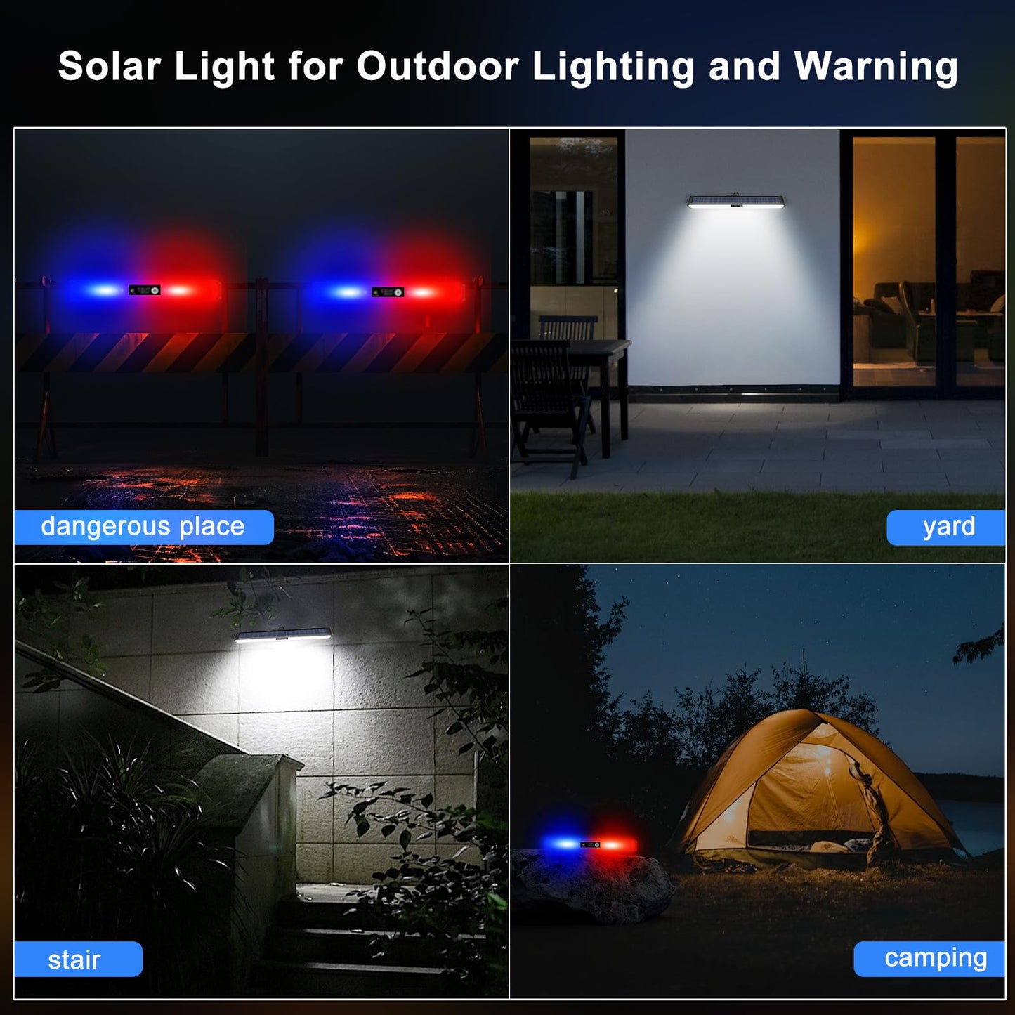 Aolyty Solar Lights Outdoor, 3 Work Modes Solar Strobe Lights Waterproof Wall Light Solar Warning Lights Bright White Light/Red & Blue Light Flashing for Garden Patio Yard Front Door Home