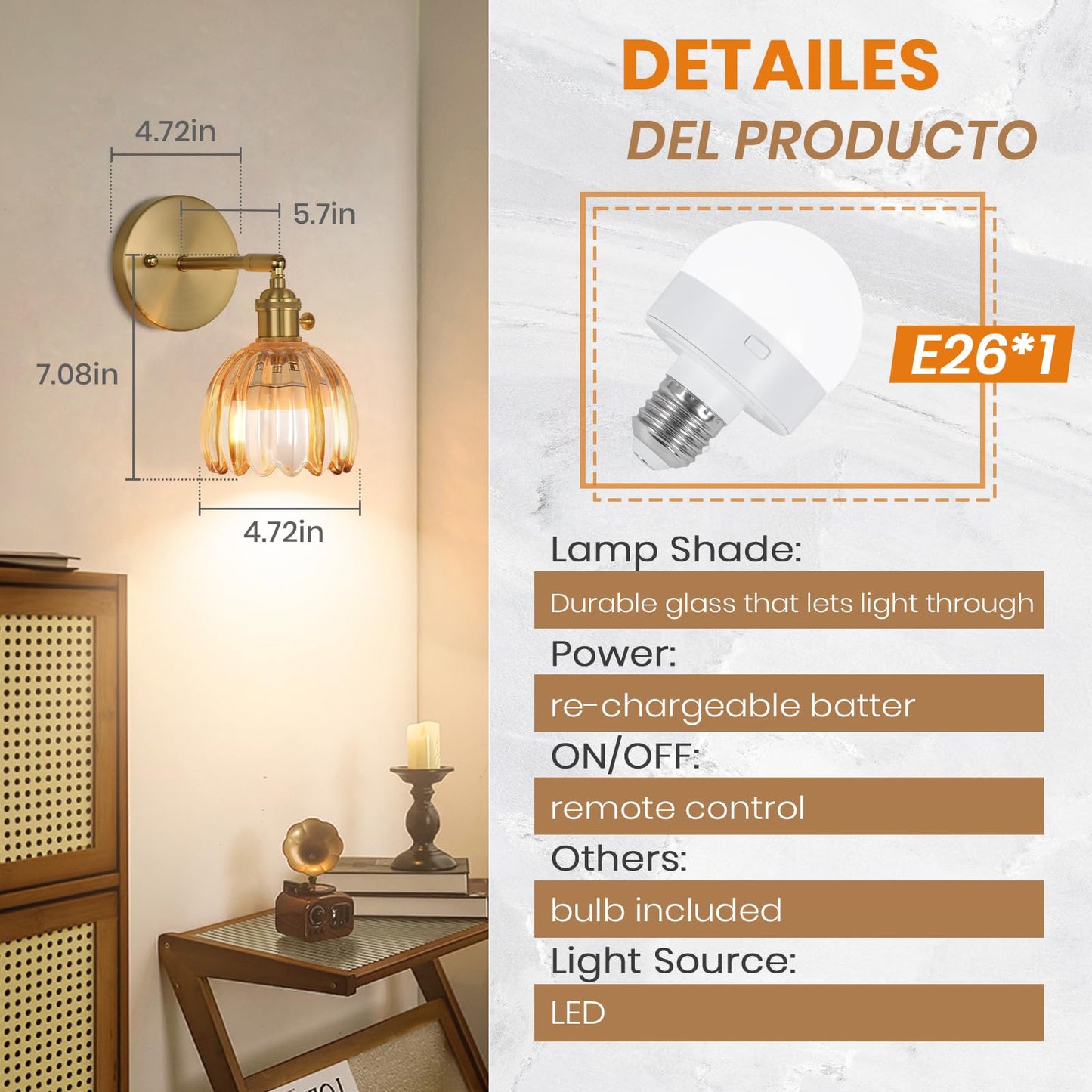 EIDEARAY Battery Operated Wall Sconce, Vintage Amber Tulip Glass, Remote Control, Model YLC-BRO3TB, Ideal for Bedroom and Living Room