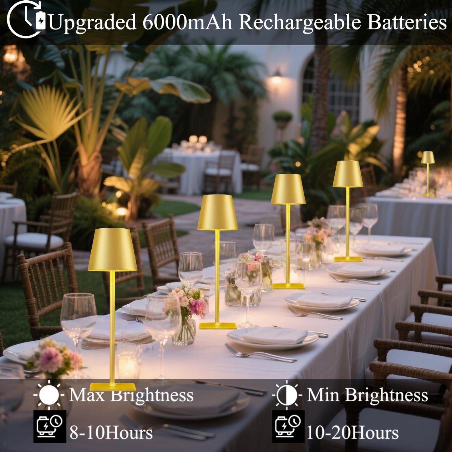 LamparaDecor Gold LED Cordless Table Lamps Set of 4, Rechargeable Metal Lighting for Outdoor and Indoor Use, Model Lamparadecor-CL-4PACK-Gold
