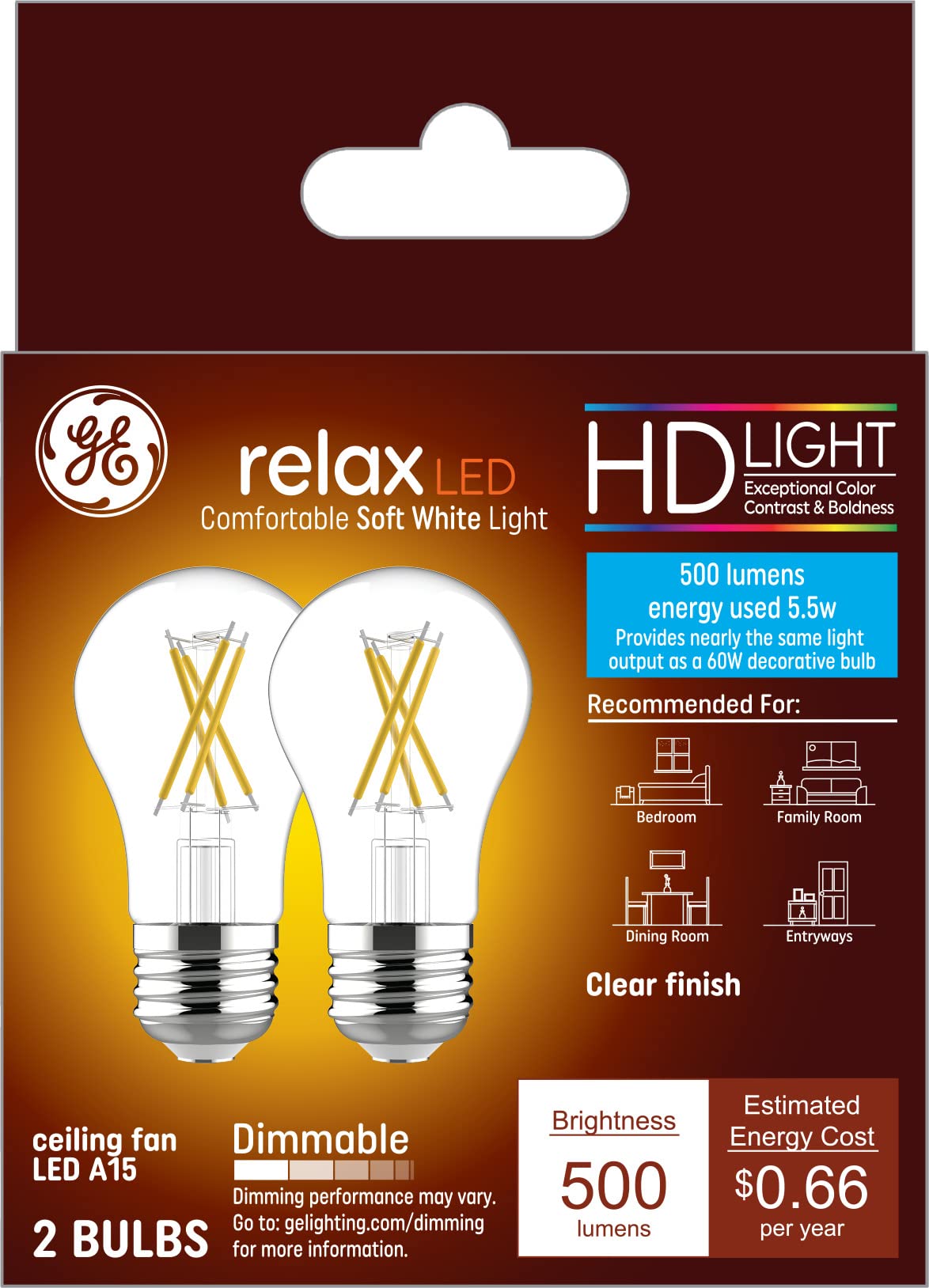 GE Relax HD Soft White Ceiling Fan A15 Clear 60W 2-Pack, Glass, Model 36980