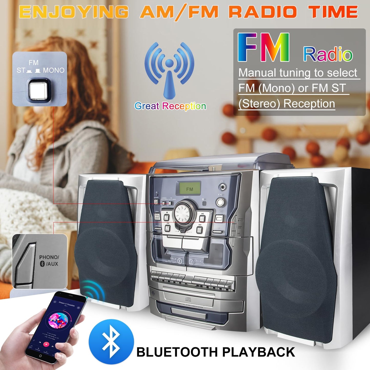 HONGUT Bluetooth Vinyl Record Player, 3-Speed Turntable & CD Music System, Dual Cassette Deck, Black, Model HF-638PBT-1