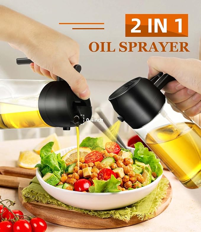 Oil Sprayer for Cooking 2 in 1 Olive Dispenser Bottle 16oz/470ml Kitchen Gadgets for Air Fryer, Salad, BBQ - Glass Mister Spray -Transparent Black