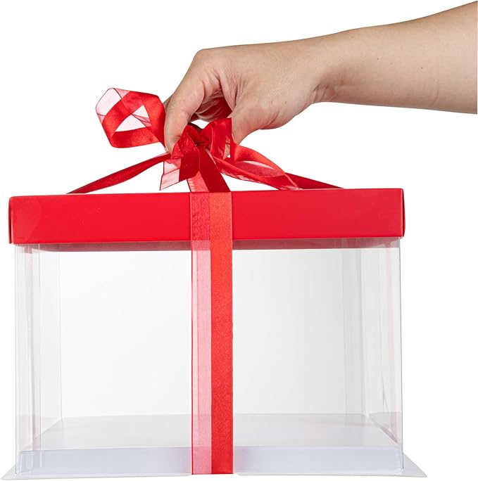 Restaurantware Sweet Vision 8.5 Inch x 6.75 Inch Transparent Cake Boxes 10 Grease Resistant Base Clear Cake Boxes - Red Lid Red Ribbon Plastic Birthday Cake Boxes For Weddings Or Birthdays