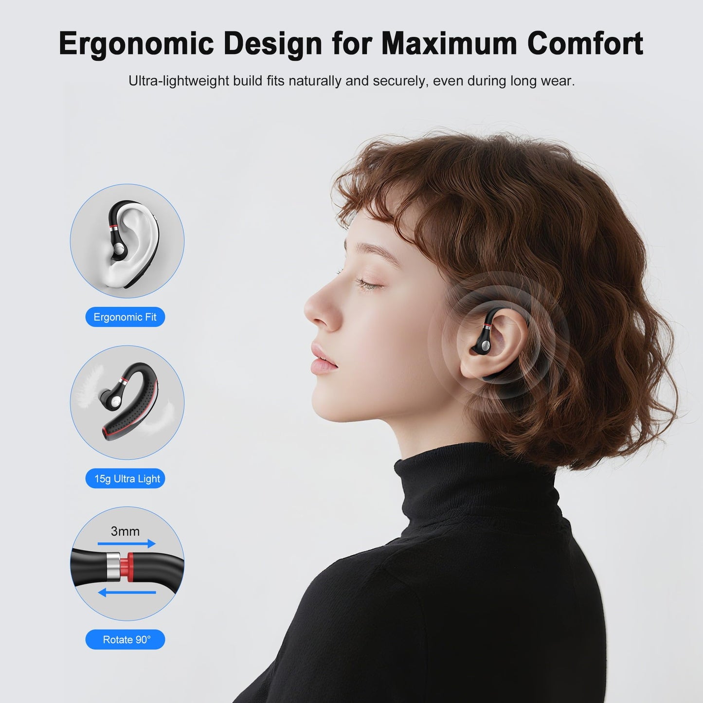 Opinay Bluetooth Headset V5.3, Bluetooth Earpiece With 72H Talk Time, Hand-Free Headphones Comfortable Fit, Bluetooth Headphones