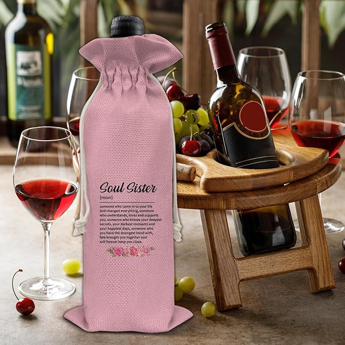 HOIJAUMAI Soul Sister Gift Friendship Gift Soul Sister Definition Wine Bag Soul Sister Wine Gift Bags for Women Best Friends Bestie BFF (Pink)