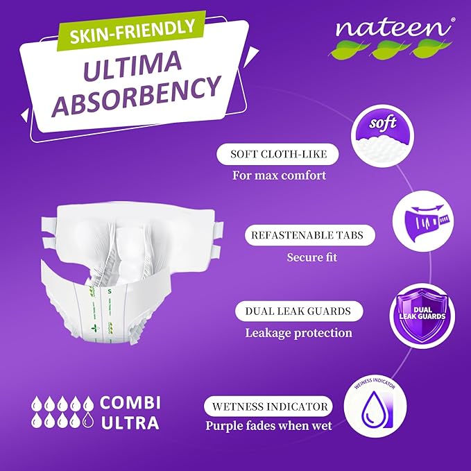 Nateen Combi Ultra Adult Diapers with Tabs for Women and Men, Ultimate Absorbency Protective Incontinence Briefs, Heavy Duty, Leakproof and Skin-Friendly Incontinence Underwear.Medium, 80Count
