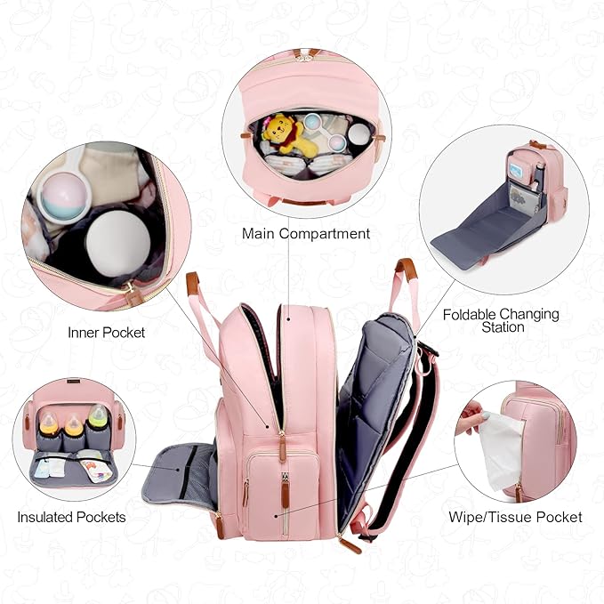 Diaper Bag Backpack with Changing Station, Baby Diaper Bag Organizer for Moms Dads Large Baby Changing Bags