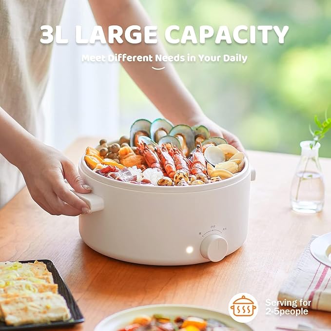 Electric Hot Pot, 3L Portable Electric Pot with Ceramic Non-stick Coating, Dual Power Multi-functional Romen Cooker for Steak, Pasta, Hot Pot, Ramen, Quick Heating and Overheat Protection