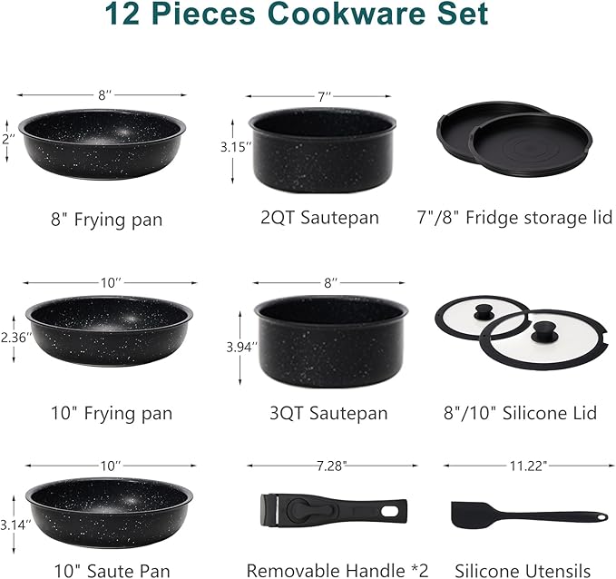 NEWBULIG Nonstick Kitchen Cookware Set, Pots and Pans with Detachable Handle, Induction Compatible, Dishwasher & Oven Safe, Space-Saving, Black, 12 Pieces(5 Pot)