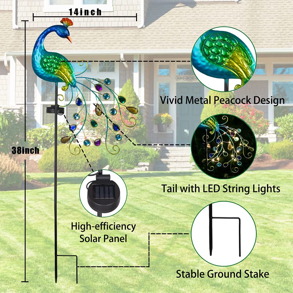 VEWOGARDEN Metal Peacock Solar Garden Lights, Waterproof Outdoor Path Lights, 38inx14inx2.5in, Iron, A-Peacock Color