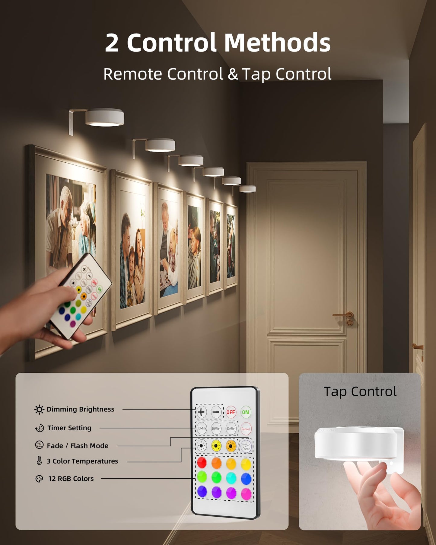 EZVALO Picture Lights - 2000mAh Magnetic Wall Art Light, 3 Color Temps, Dimmable, 3 Pack, White, Model LT-01