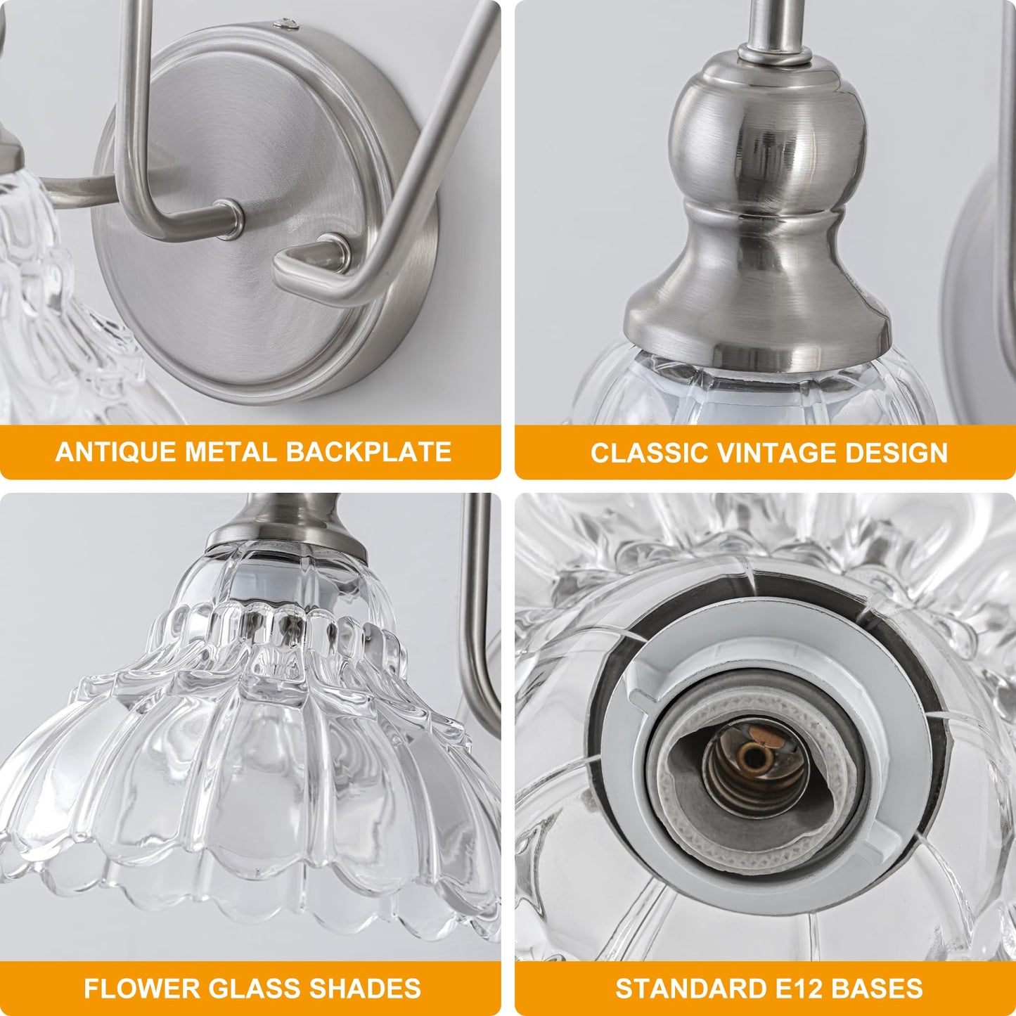 Brknit Vintage Bathroom Light Fixtures Over Mirror  3-Light Brushed Nickel Wall Sconce Lighting With Flower Glass Shade  Farmhouse Vanity Lights For Bedroom Kitchen Living Room Hallway Light