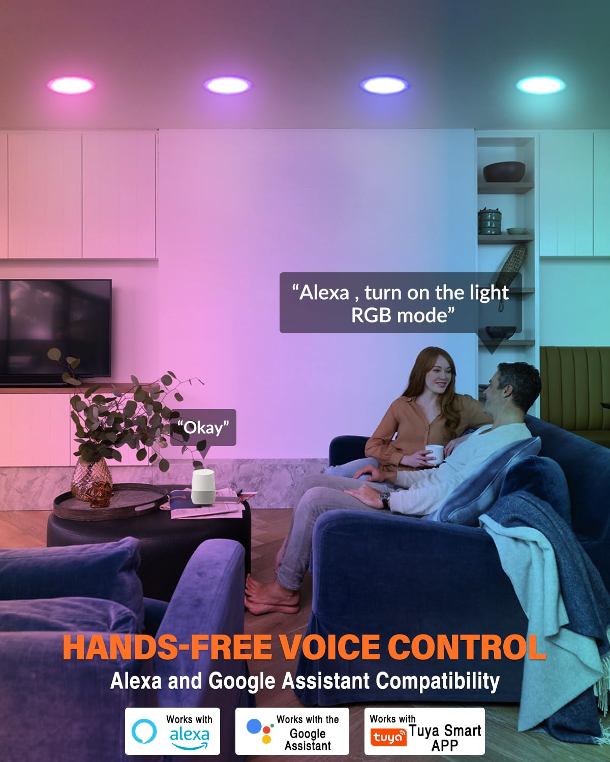 Dcvoltfield Smart LED Downlight 6-Inch, RGB Color Changing, 12W 1200lm, Wi-Fi & Bluetooth, Works with Tuya, Alexa & Google Assistant