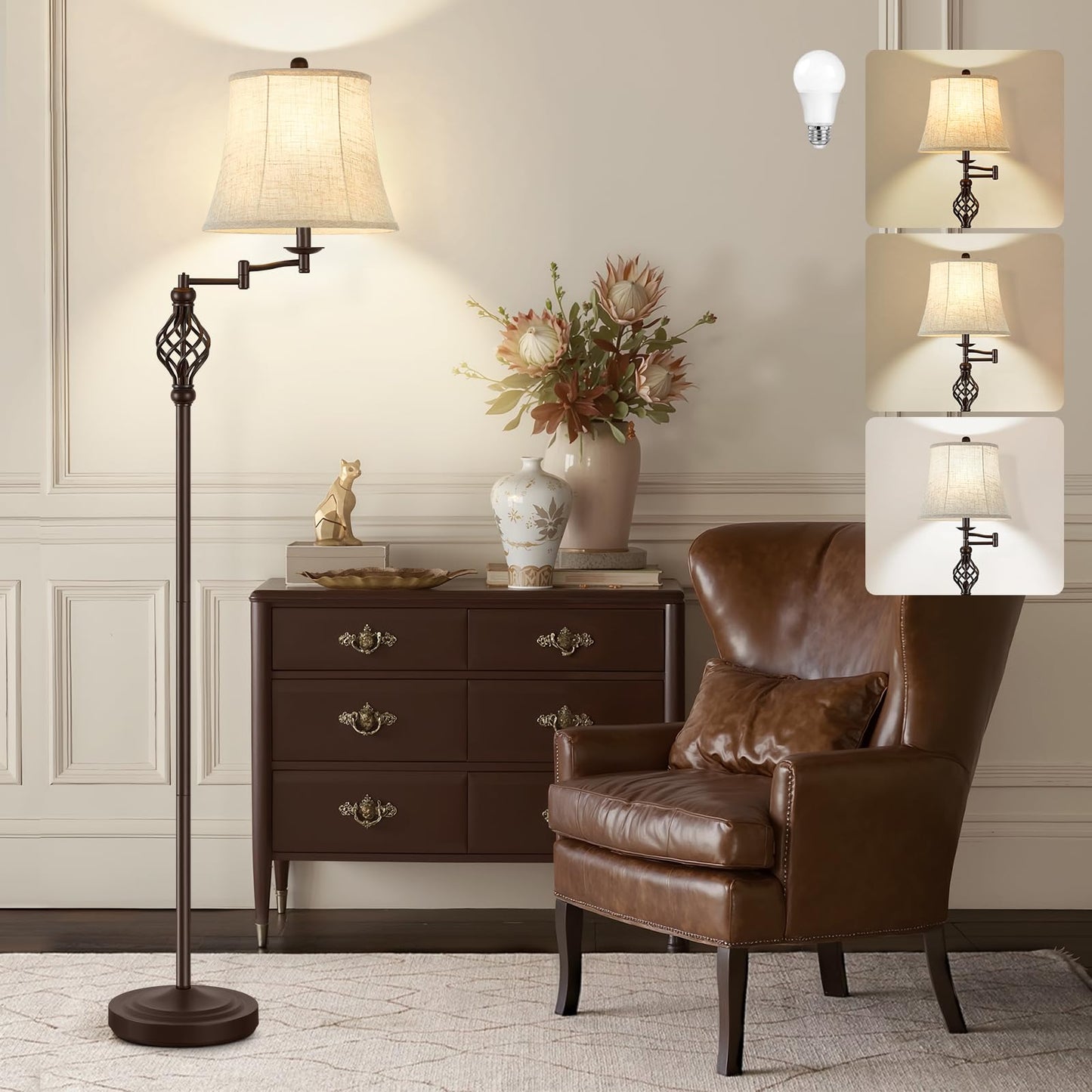 GyroVu Floor Lamp, Adjustable Swing Arm, Vintage Metal Design, Red Brown, Ideal for Living Rooms and Bedrooms