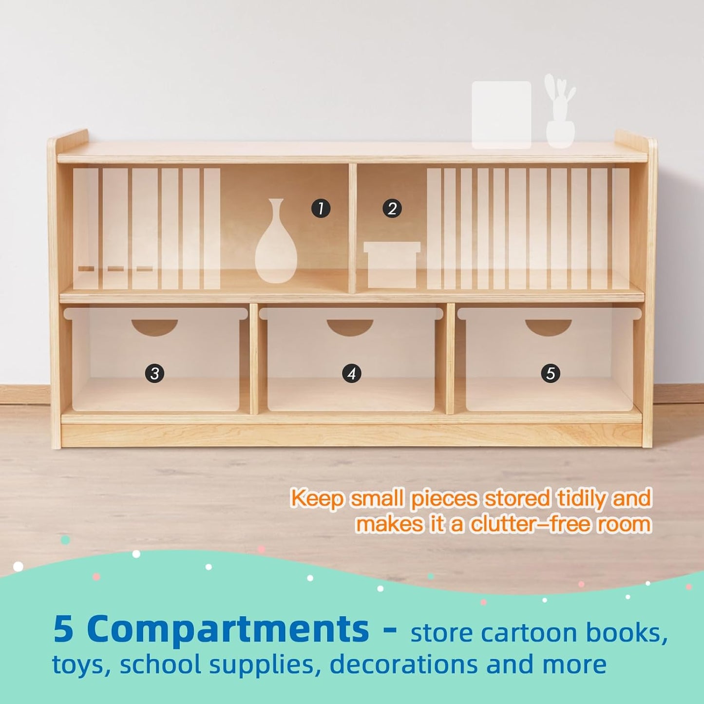 OOOK Montessori Shelf 5-Section Wooden Storage Cabinet, 2-Shelf Toy Organizers and Storage, Kids Classroom Organizer, Playroom, Daycare and Preschool