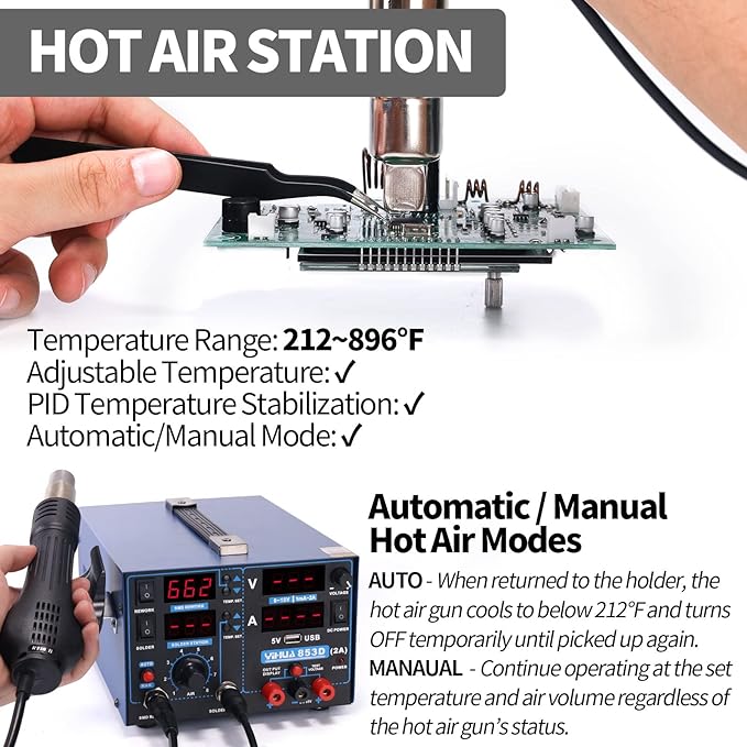 YIHUA 853D 2A USB SMD Hot Air Rework Soldering Iron Station, DC Power Supply 0-15V 0-2A with 5V USB Charging Port and 35 Volt DC Voltage Test Meter