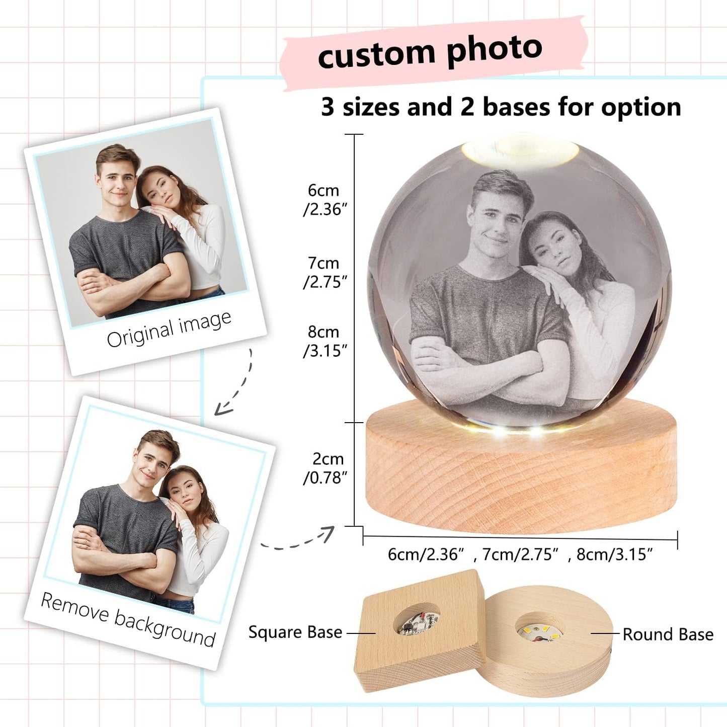 Crystal Ornament Ball with Custom Photo LED Night Light, Glowing Night Light for Home Decorations, Best Gift for Christmas/Birthday/Mother's Day