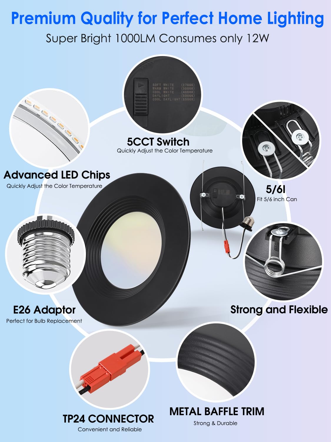 12 Pack 5/6 Inch 5Cct Black Led Recessed Lighting Retrofit  2700K/3000K/4000K/5000K/6500K Selectable  Dimmable Can Lights With Baffle Trim  12W=150W  High Brightness 1000Lm  Wet Rated  Etl Certified