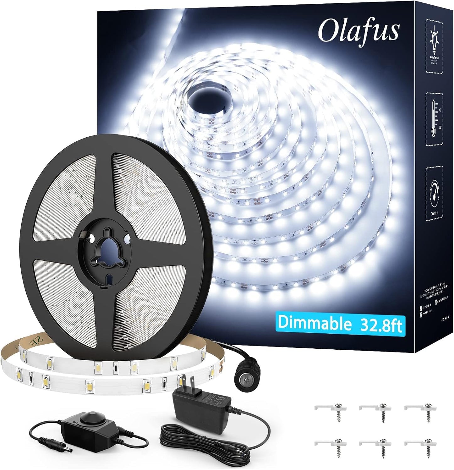 Olafus LED Strip Lights, 32.8ft Dimmable, 6000K Daylight White, 600 LEDs, Model LA-96DTDW-US01-N-BK, Plastic