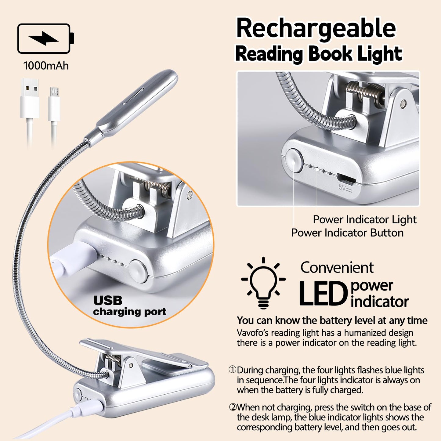 VAVOFO Rechargeable Book Light, 7 LED, 9-Level Brightness, Eye Care, Silver, Model KM-6720