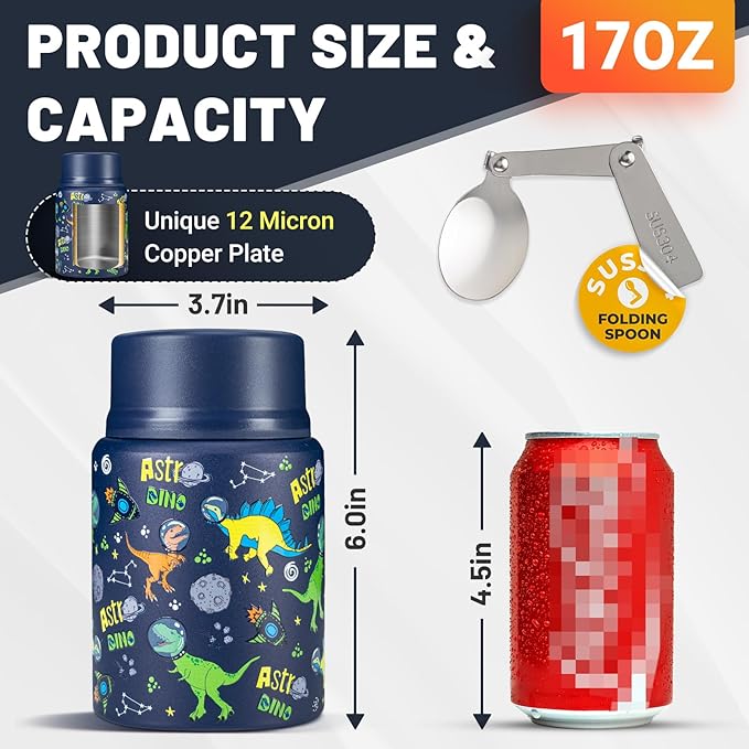 Charcy 17oz Thermo for Hot Food, Soup Thermo Food Container for Lunch Box with Folding Spoon ZB - Blue Dino TK