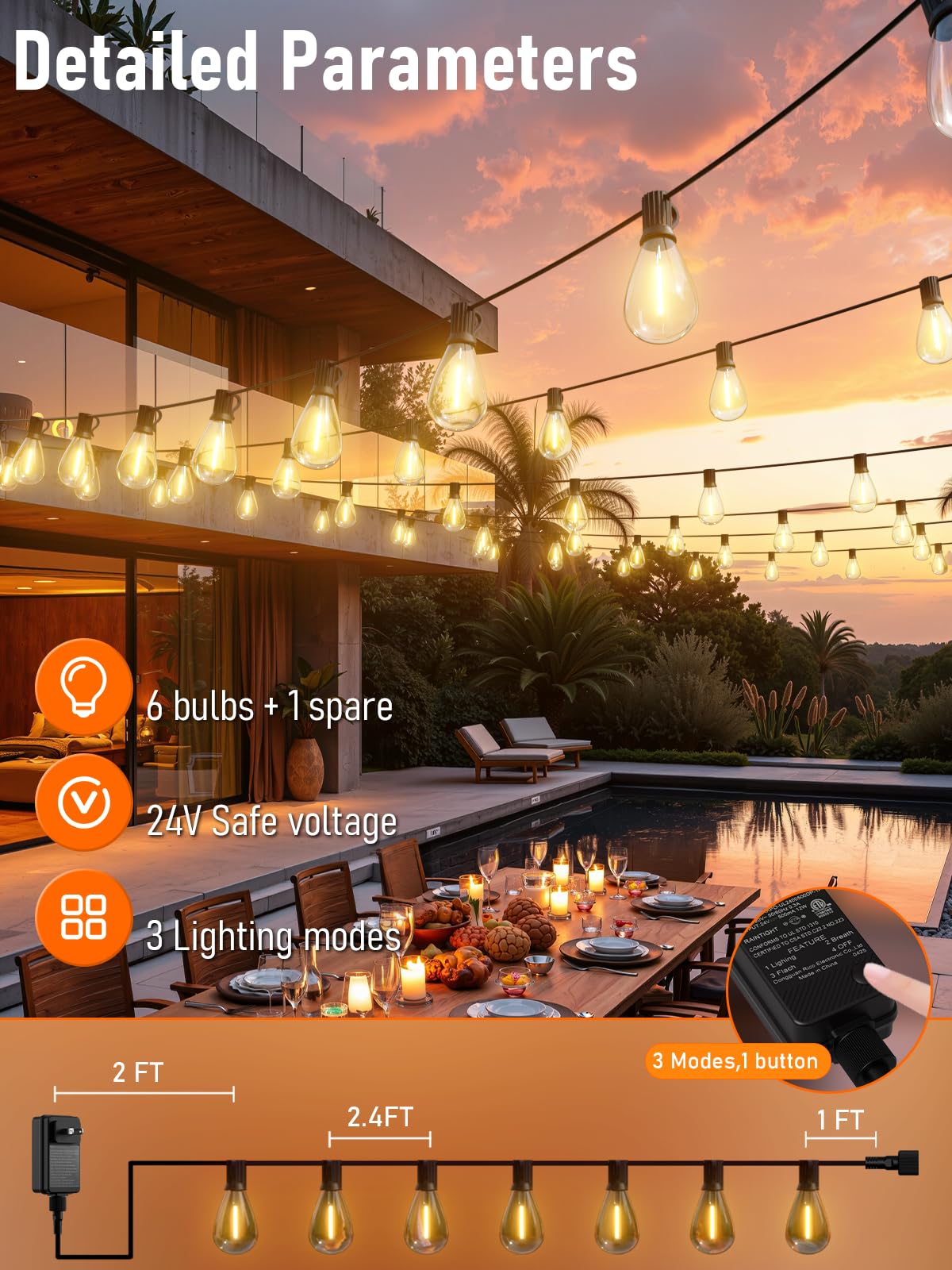 Luckystyle 15Ft Led Outdoor String Lights With Remote  6+1 Shatterproof Bulbs Waterproof And Dimmable Patio Lights For Porch  Garden  Backyard  Deck  Balcony  2700K Hanging Lighting