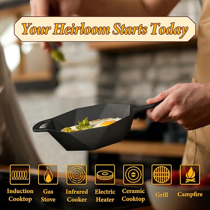 Cast Iron Skillet with Lid, Mini Cast Iron Smoker Skillets & Egg Pan with Assist Handle & 16-Facet Edge, 6.5 Inch Octagonal Design Frying Pan for Searing, Baking, Grilling, Roasting (Skillet-1)