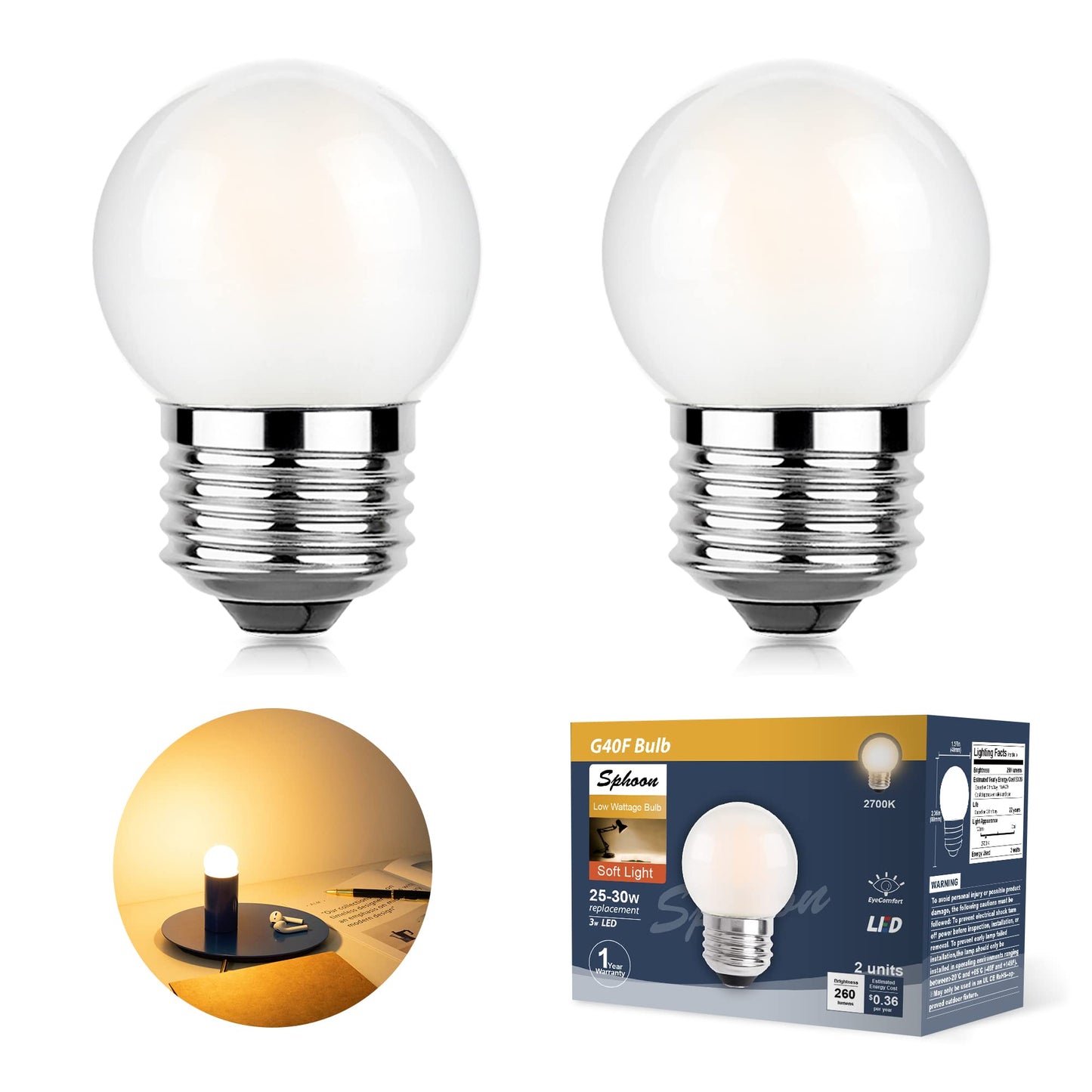 Sphoon G40 Led Bulb 3W Equivalent 25W, Dimmable Warm White 2700K, Frosted Glass, E26 Base, 2 Pack