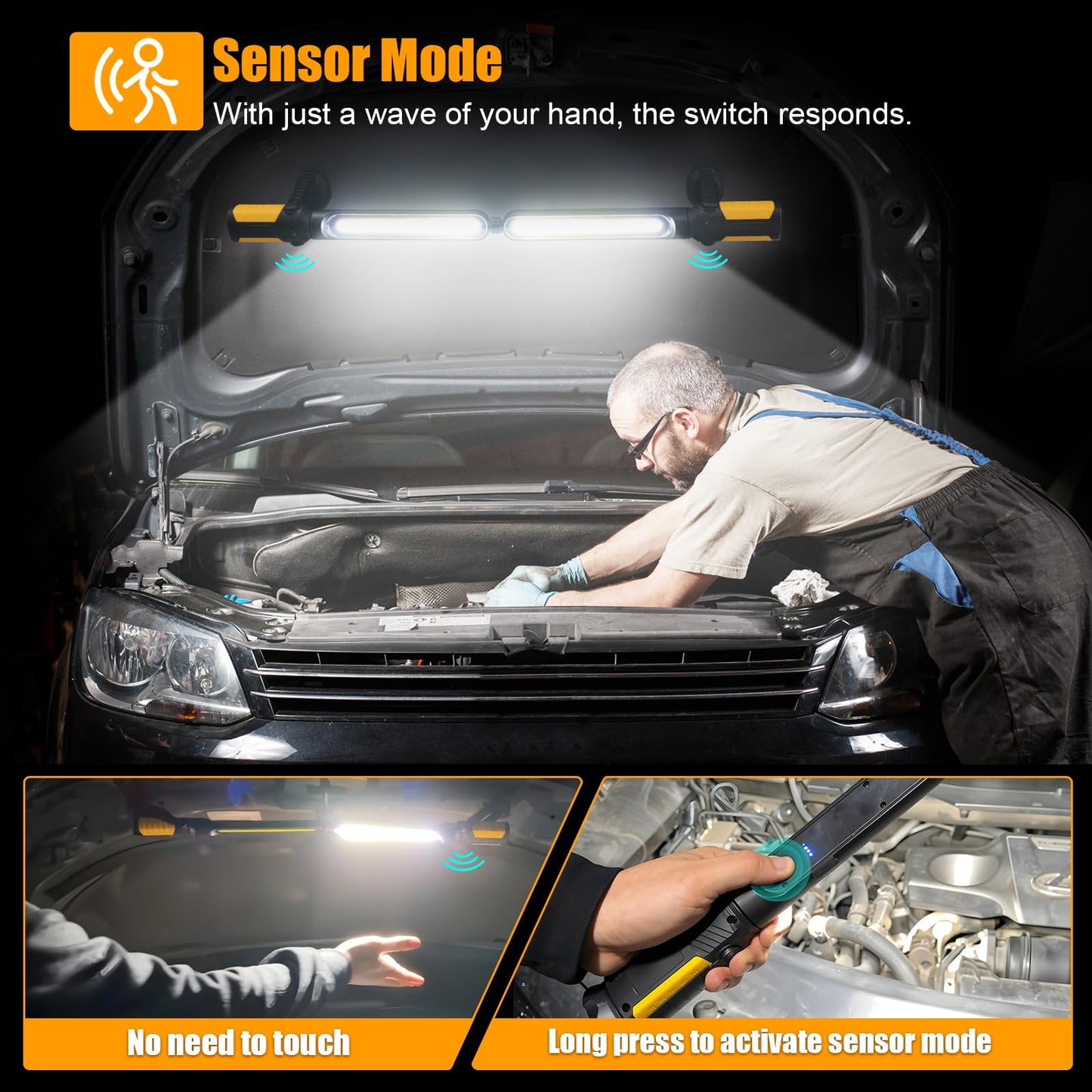 SYLSTAR Mechanic Work Light Bar with Upgraded Sensor Control - 2400LM LED, 4400mAh Rechargeable Underhood Work Light with Hooks & Magnetic Base for Car Repairing, Garage Workshop, Emergency