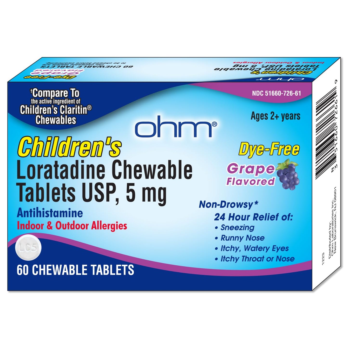 Ohm Children's Allergy Medicine, Loratadine 5mg, Chewable Tablets (60 Count) Grape Flavor, Non-Drowsy Antihistamine, 24-Hour Allergy Relief for Runny Nose, Watery Eyes, Itchy Throat & Nose