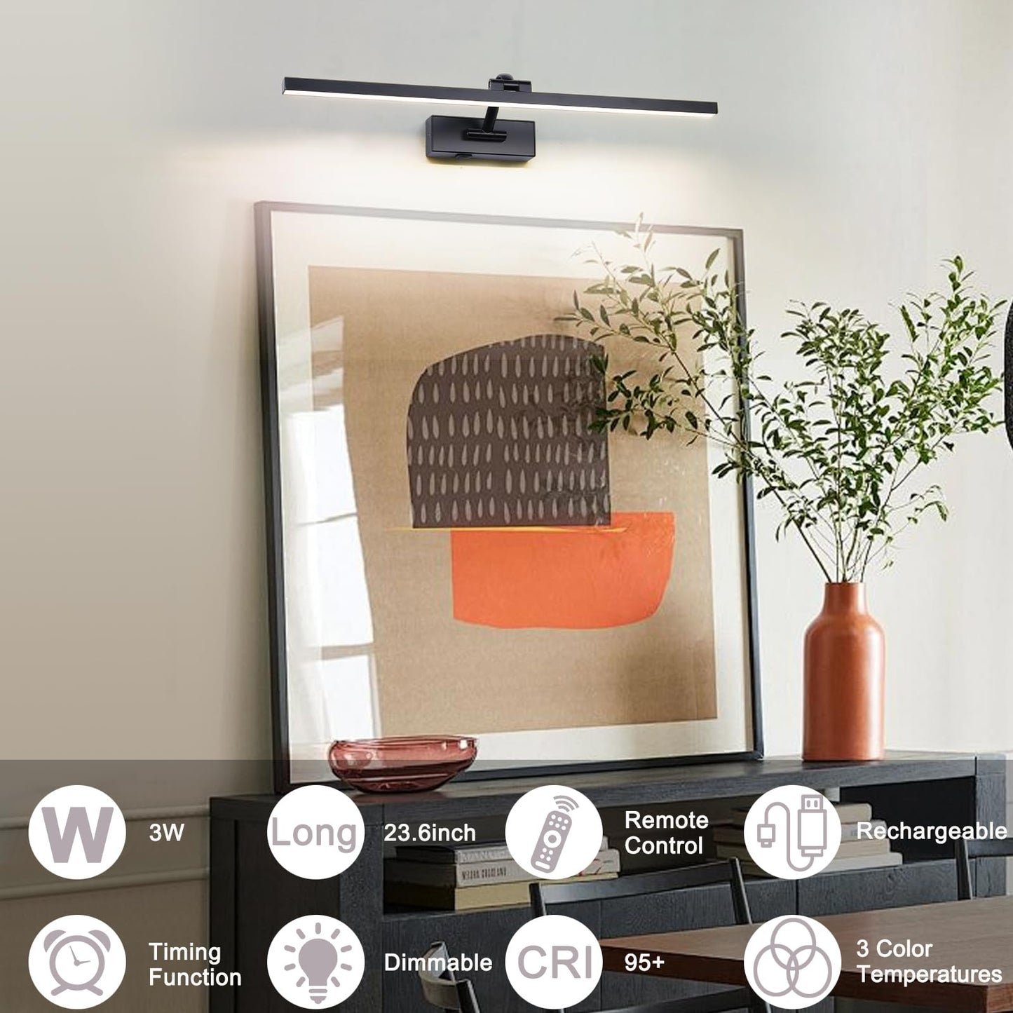 Brivolart Battery Operated Picture Light With Remote Wireless Dimmable Art Lights For discomfort-reducingtings Rechargeable Gallery Light Artwork Lighting For Canvas  Portrait (Black 23.6 Inch)