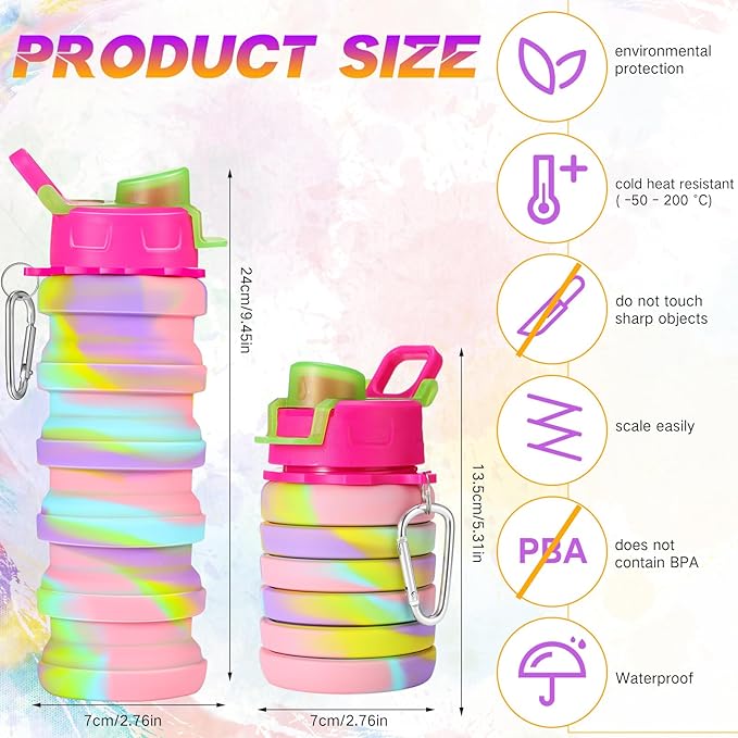 Sunnyray 20 Pack Collapsible Water Bottles 17oz Silicone Portable Water Bottle Bulk Foldable Leak Proof Water Bottle Reusable Camouflage Sports Bottles with Clip for Travel Hiking Camping Outdoor