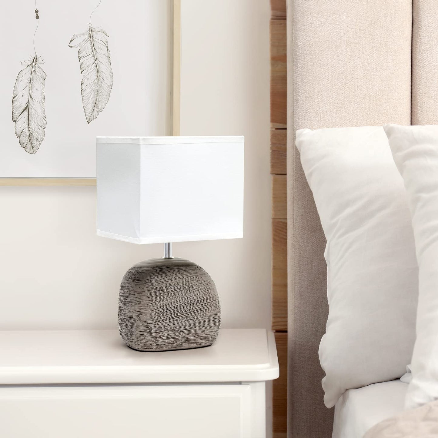 Simple Designs Bedside Table Lamp, Ceramic, Textured Stone, 7inL x 5.5inW x 12.51inH, Grayish Brown, Model LT1115-BWN