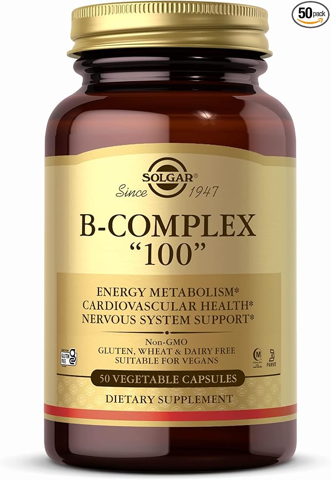 SOLGAR B-Complex 100" - 50 Vegetable Capsules - Energy Metabolism, Cardiovascular Health, Nervous System Support - Non-GMO, Vegan, Gluten Free - 50 Servings