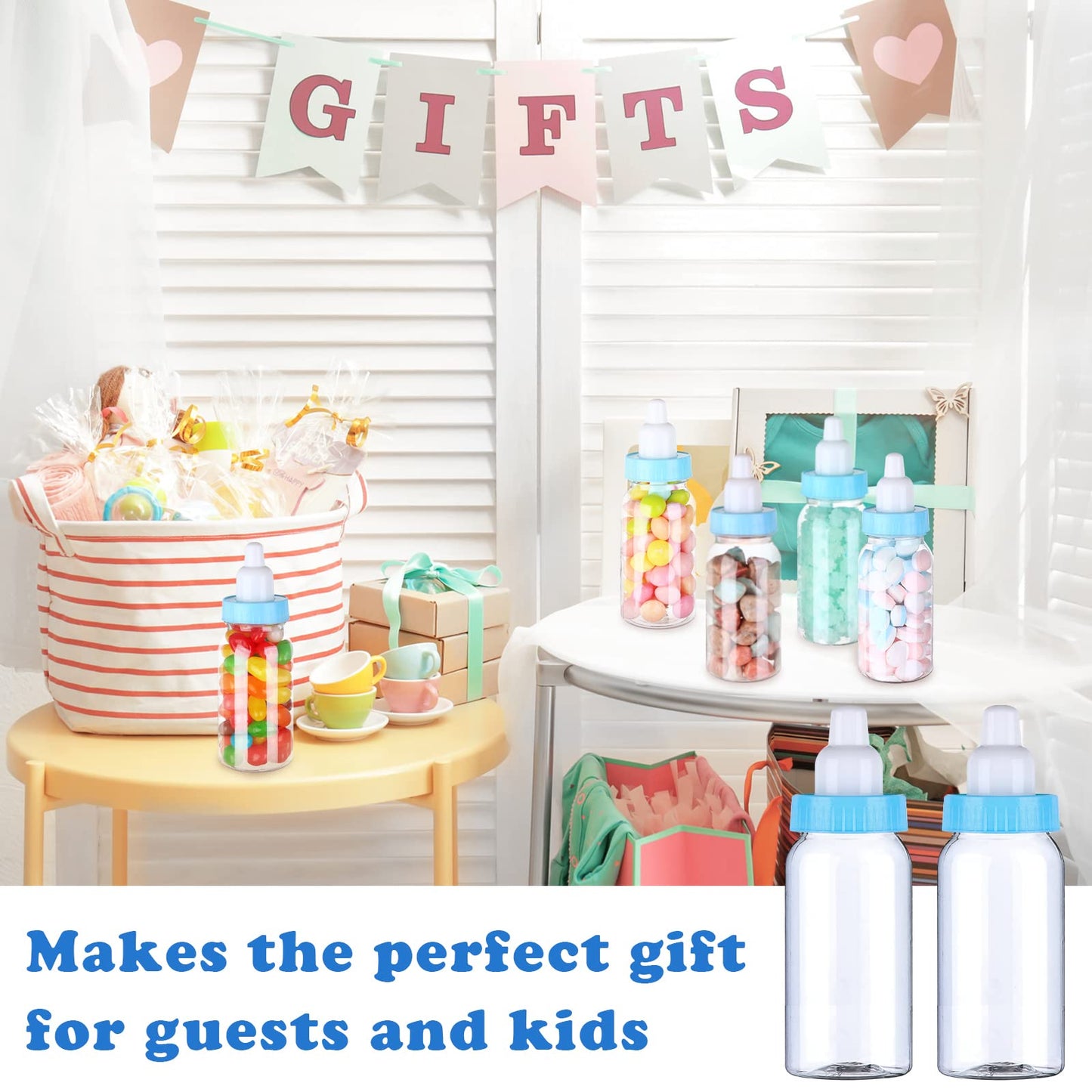 PINKXHY 60 Pcs 4.5 Inch Baby Mini Milk Bottle Baby Shower Favor Fillable Feeding Bottle Candy Box Small Plastic Candy Container DIY Gift for Boy Girl Newborn Baptism Party Decor (Blue)