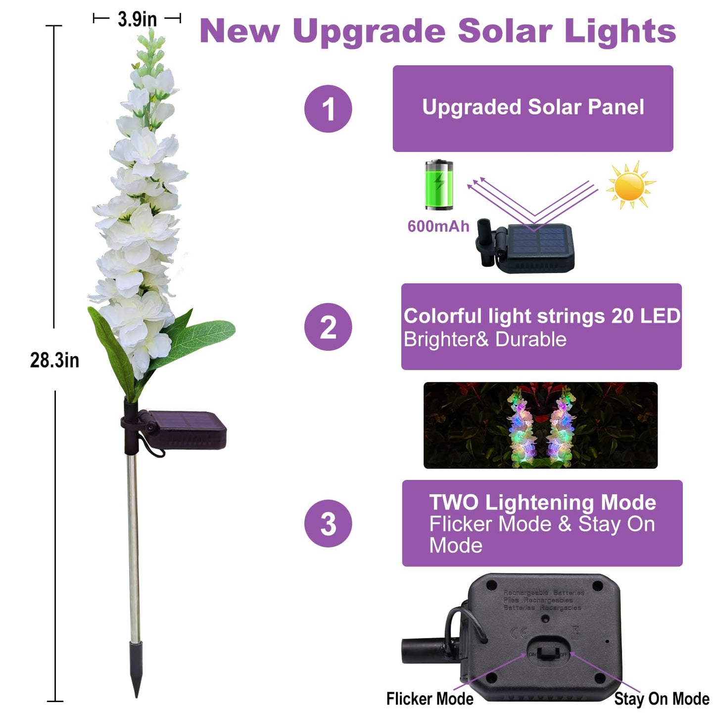 MRHEPHAESTUS Solar Garden Lights, 40 LEDs, Waterproof, 2 Pack, Multicolor, Delphinium Flowers, Model WallLight-1