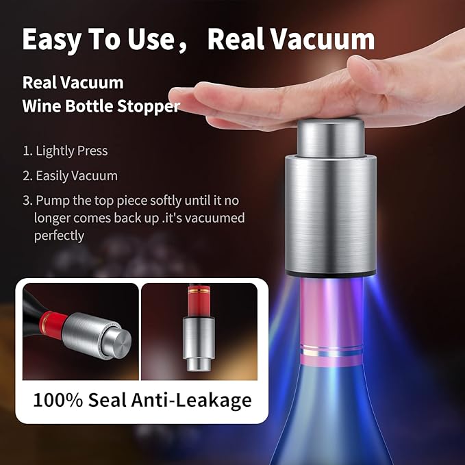 Wine Bottle Stoppers，2-in-1 Vacuum Wine Stopper，Stainless Steel Wine Savers, Reusable Wine Preserver, Vacuum Pump Corks Keep Wine Really Fresh, Best Gift Accessories,Hanlomele(1 Pack)