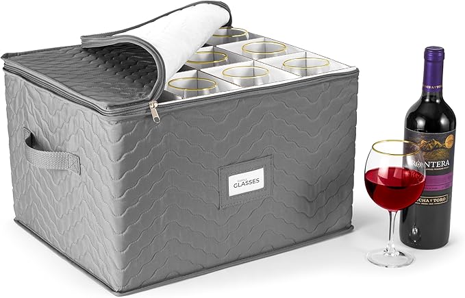 Sorbus Stemware Storage Chest - Deluxe Quilted Case with Dividers - Service for 12 - Great for Protecting or Transporting Wine Glasses, Champagne Flutes, Goblets, and more (Storage Glass - Gray)